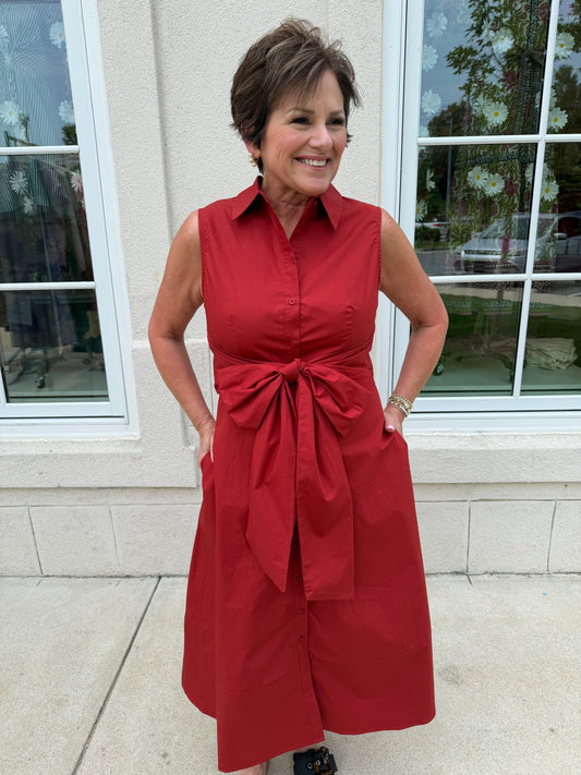 Deep Red Collared with Bow Front Maxi Dress