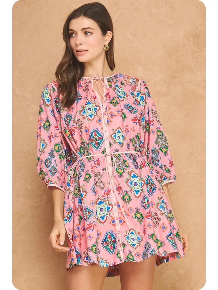 Pink Multi 3/4 Sleeve Printed Mini Dress