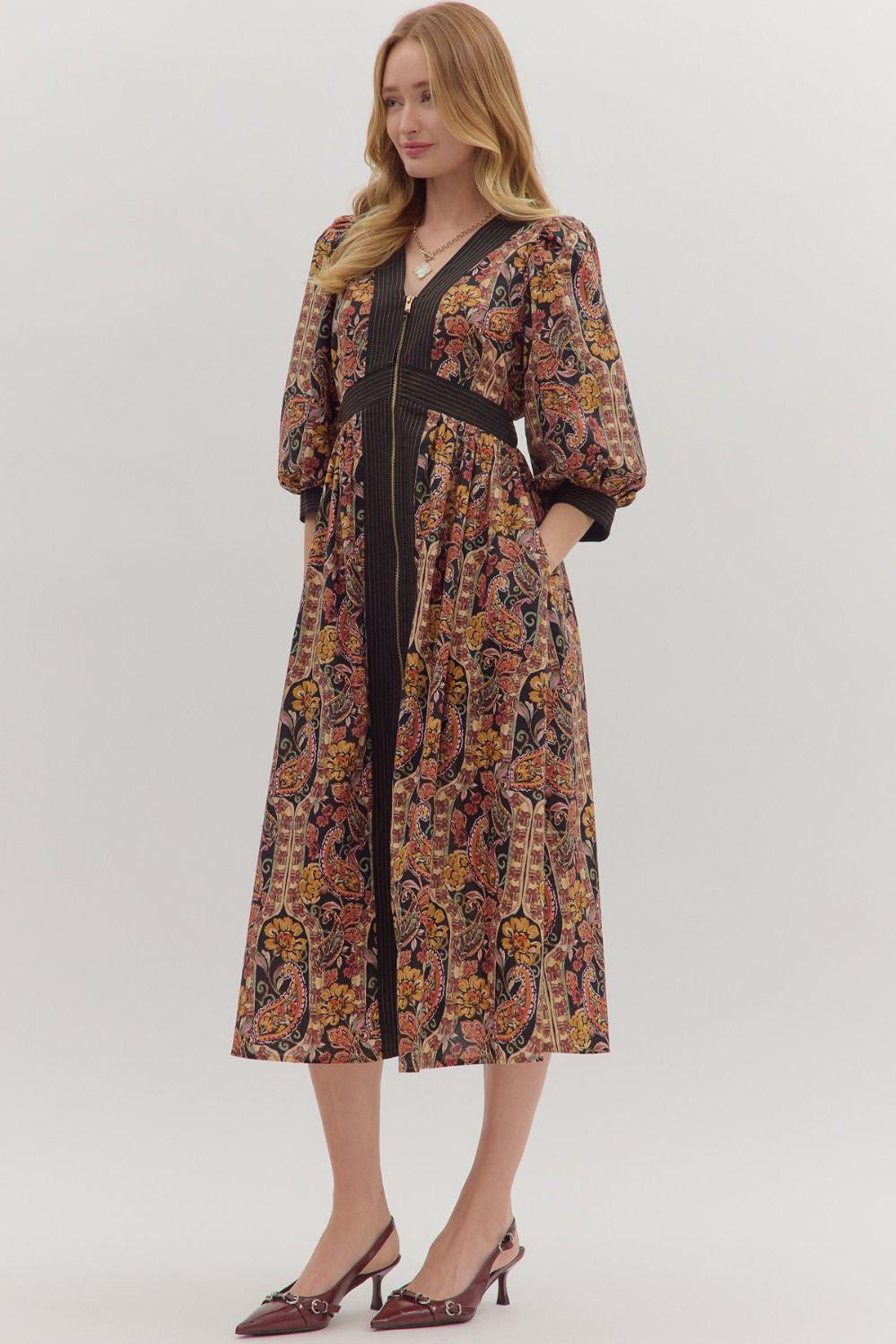 Black Print Zipper Front Midi Dress