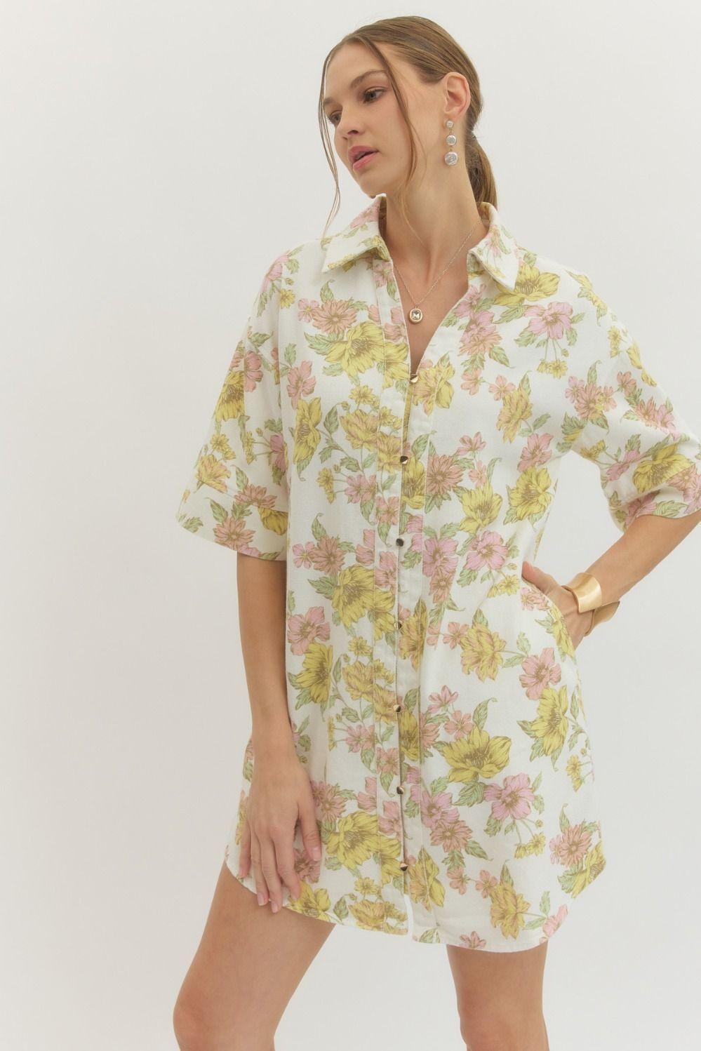 Off White Pink and Yellow Floral Shirt Dress