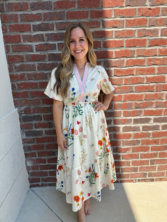 Cream Mixed Floral Print Midi