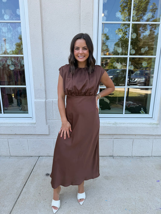 Chocolate Minimalist Draped Satin Midi