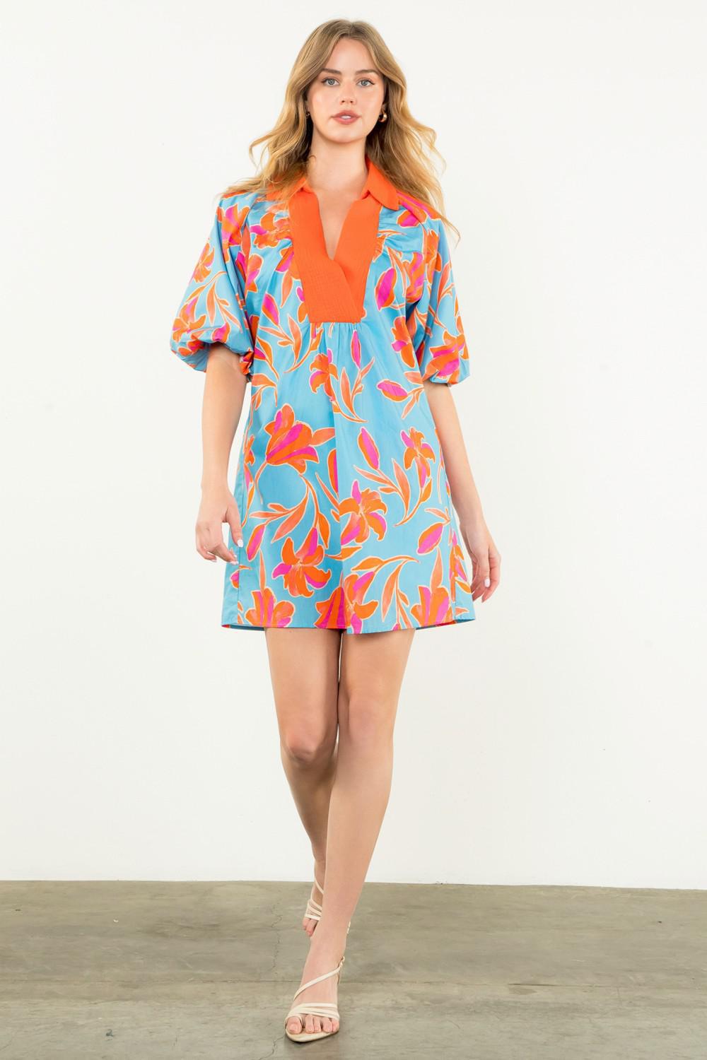 Blue Tropical Print Dress