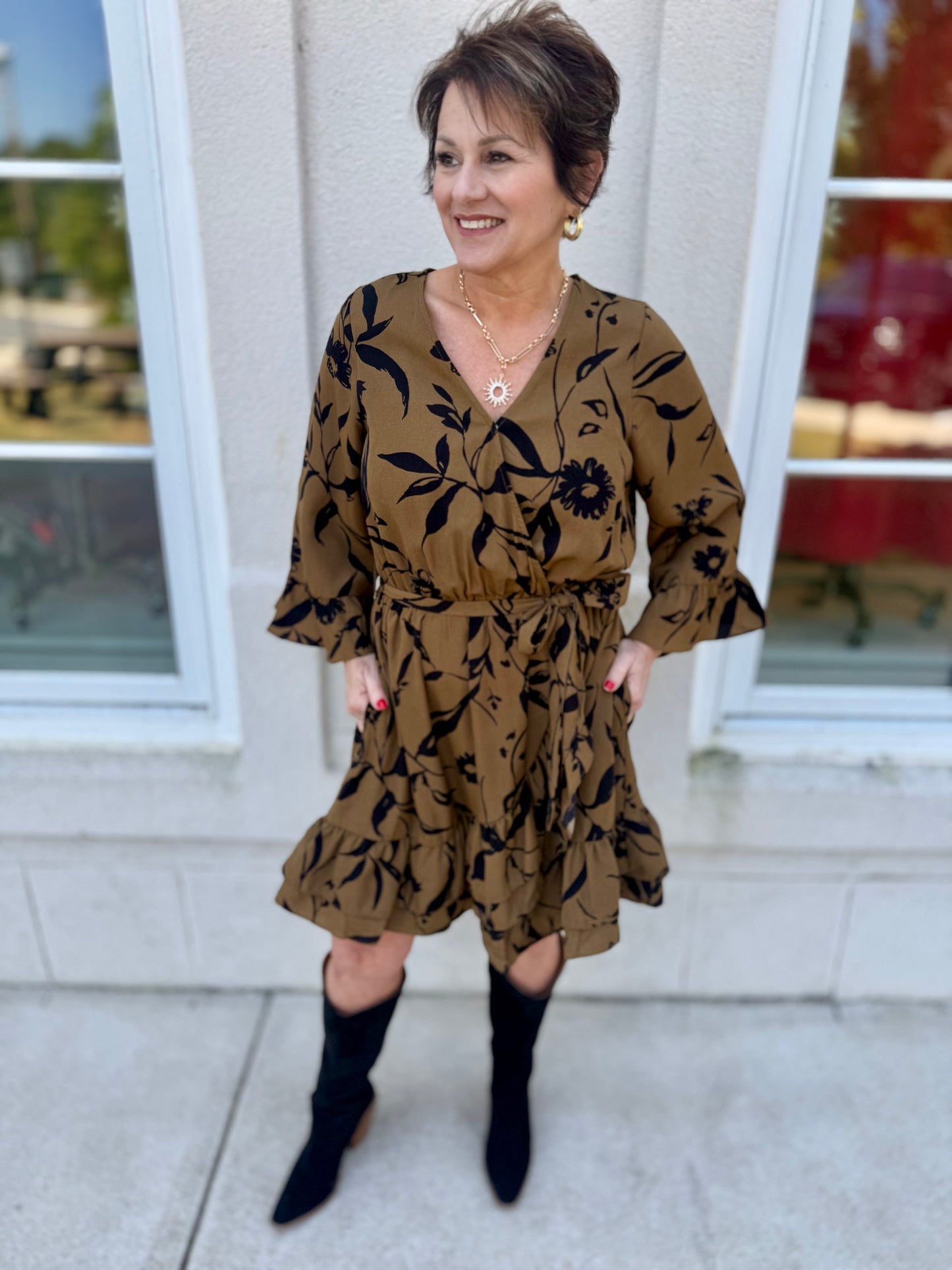 Martini Olive Floral Belted Dress
