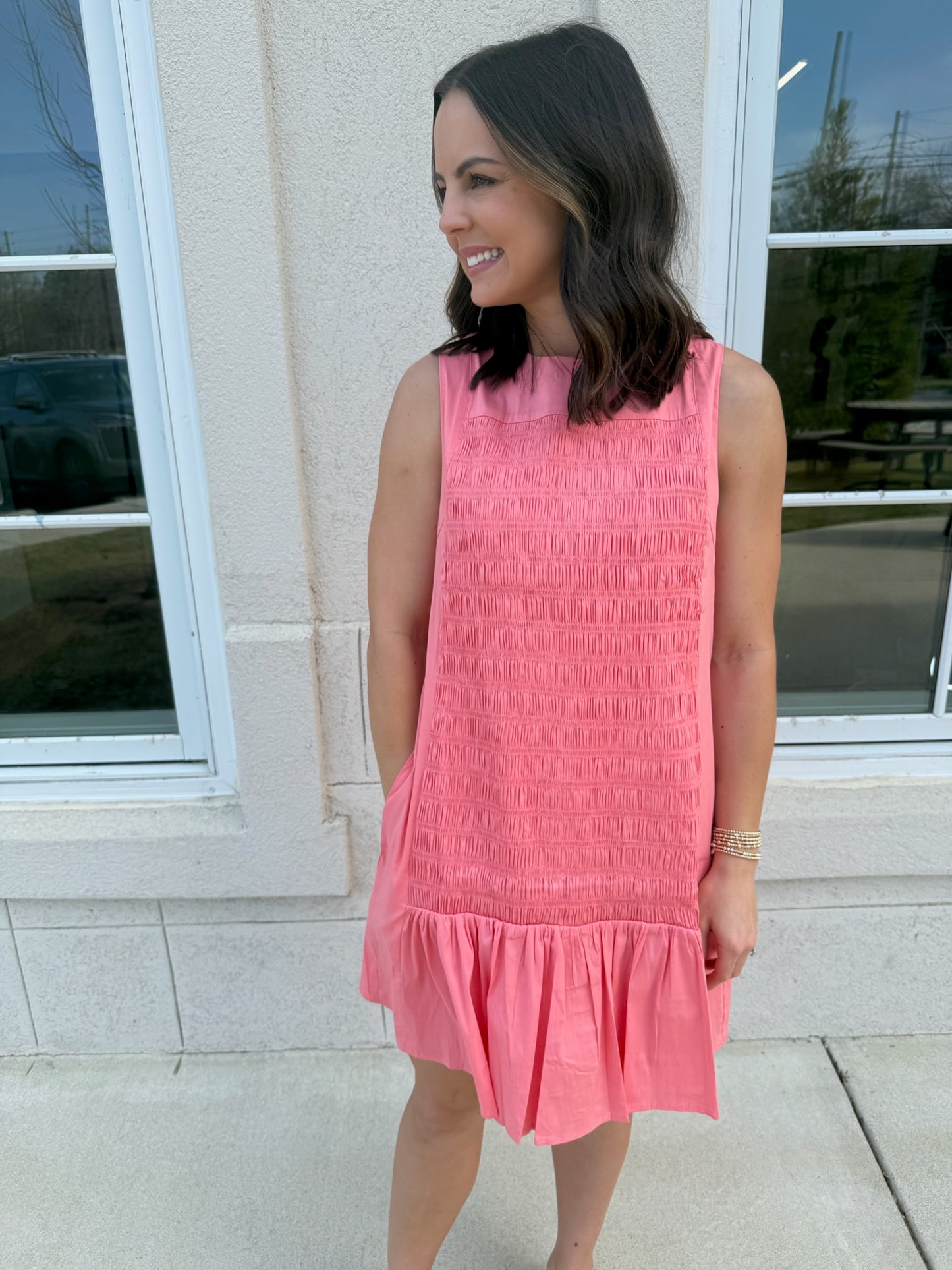 Strawberry Pink Smocked Shift Mini