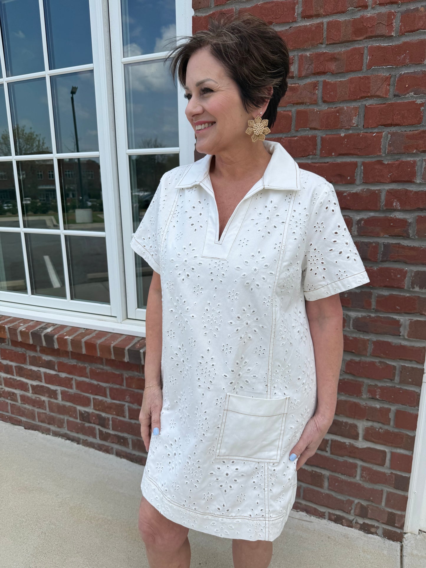 Off White Eyelet Shift Dress