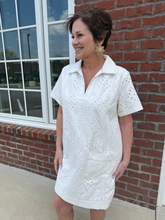Off White Eyelet Shift Dress