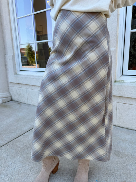 Ecru and Blue Plaid Stretch Maxi Skirt