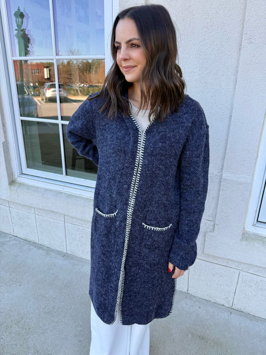 Dusty Navy Whipstitch Edge Cardigan