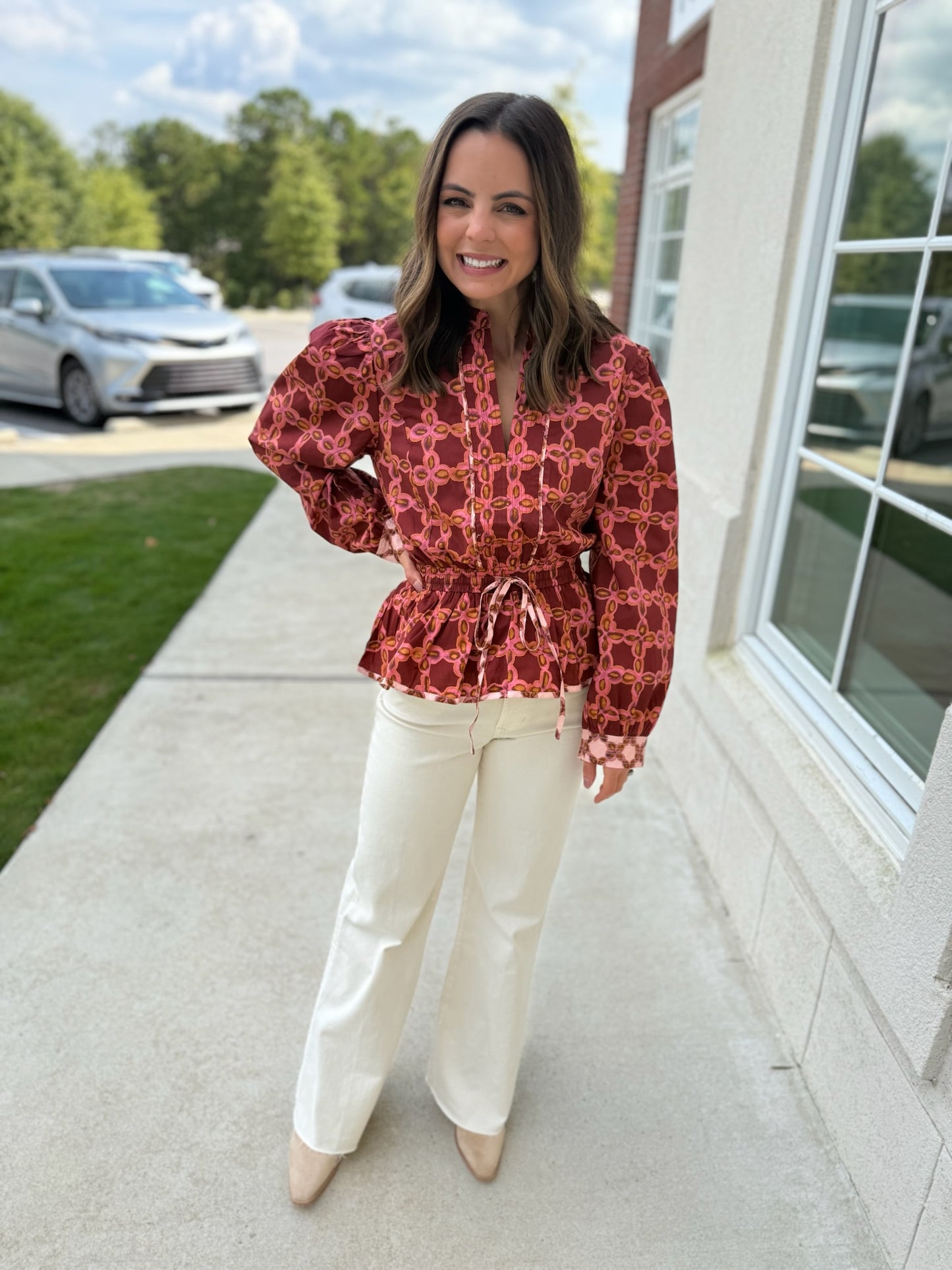 Cherry, Mustard, and Coral Flower Blouse