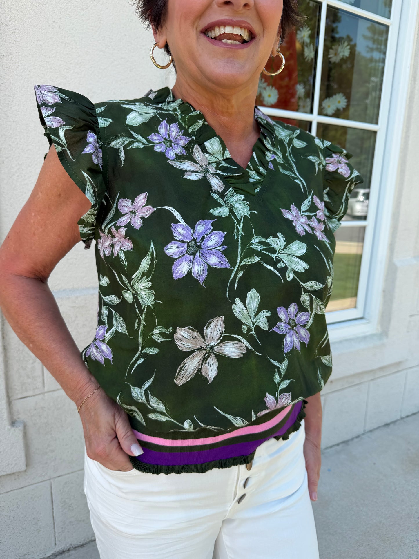 Olive Floral with Striped Band Embroidered Top