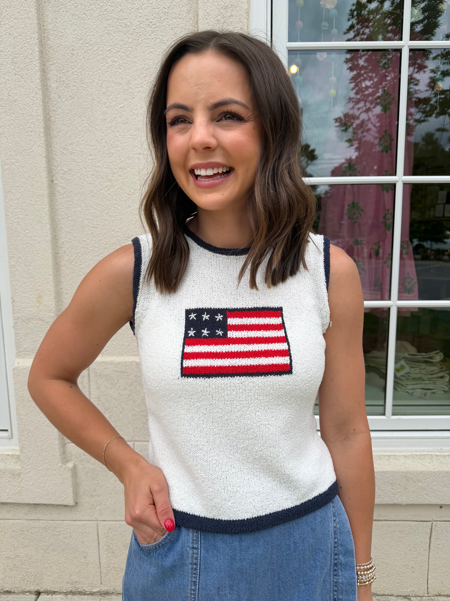 Ivory and Navy American Knit Top