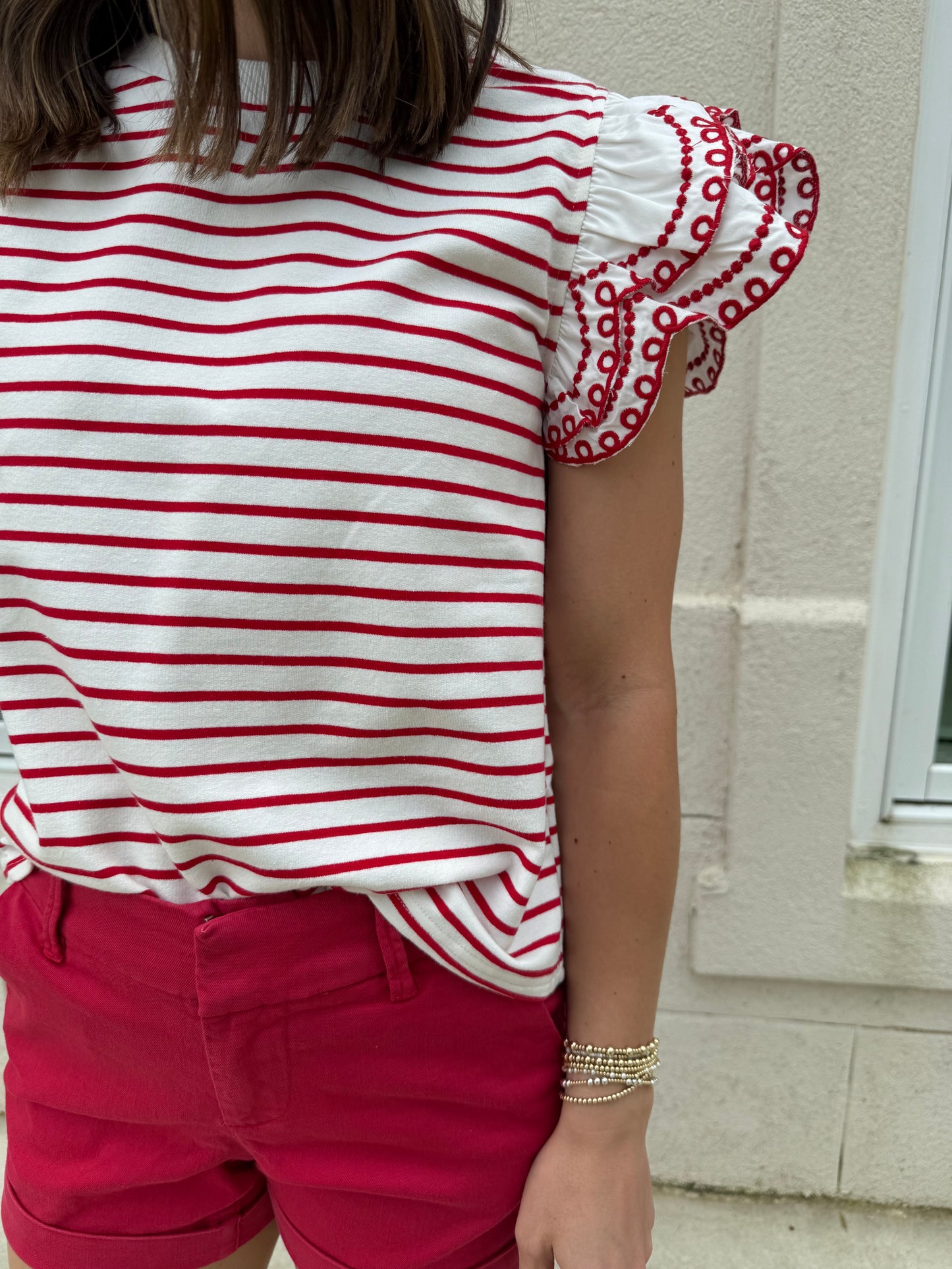 Red Striped Flutter Sleeve Top