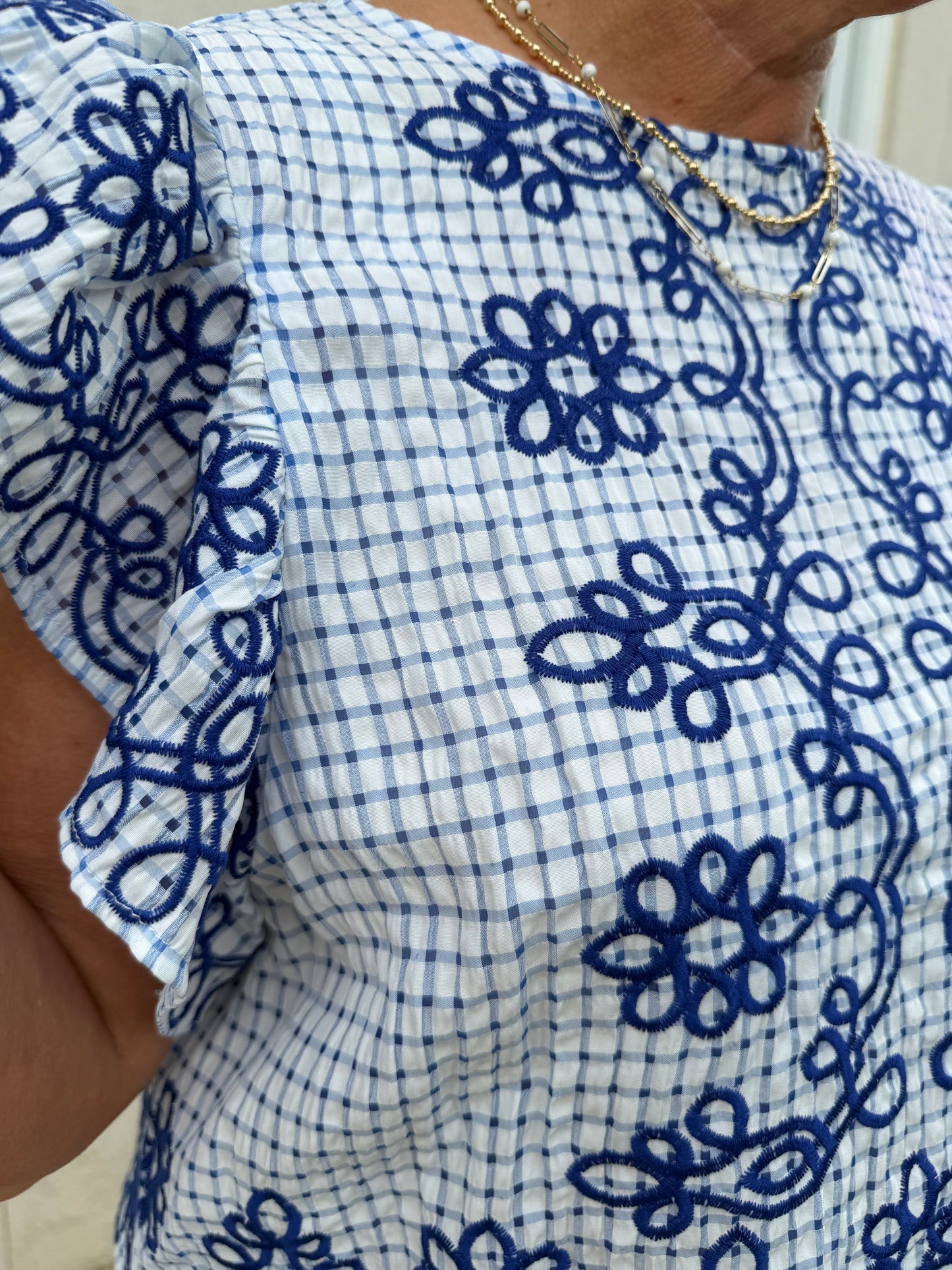 Blue Checkered Embroidered Top
