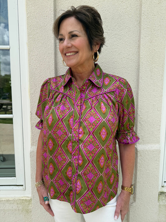 Olive and Pink Print Blouse