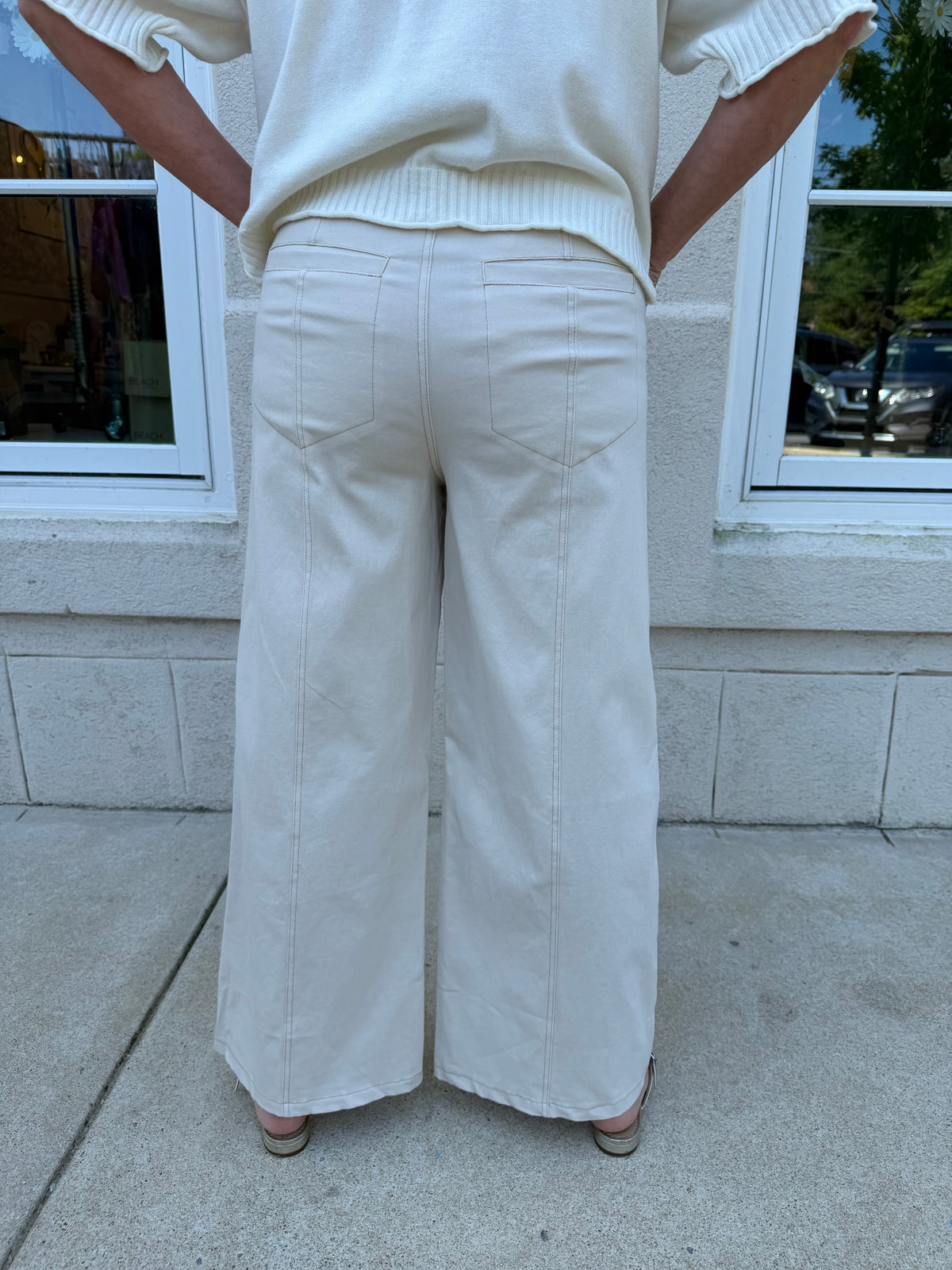 Ecru Ankle Stitch Detailed Pants