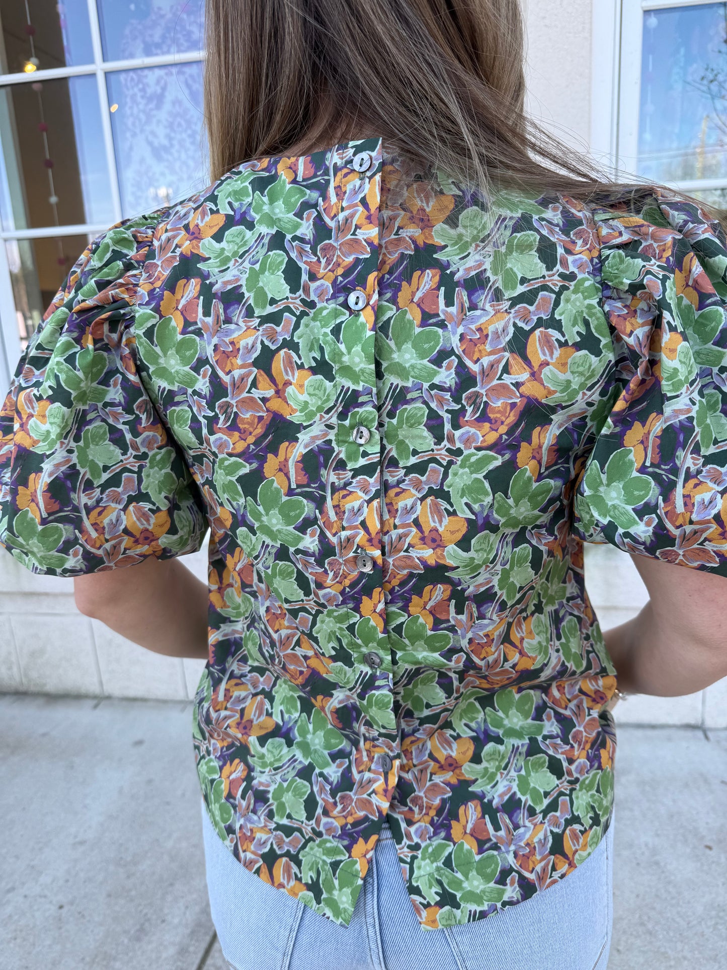 Olive Floral Puff Sleeve Blouse