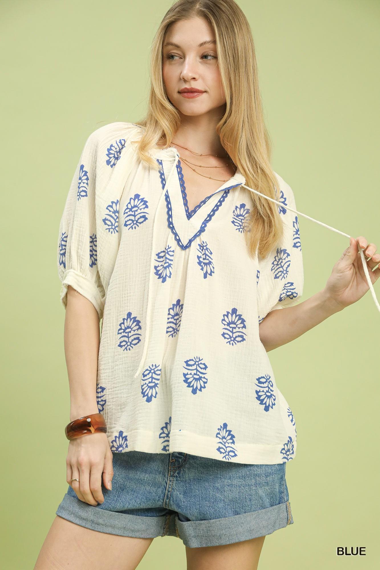 Blue Floral Gauze Top