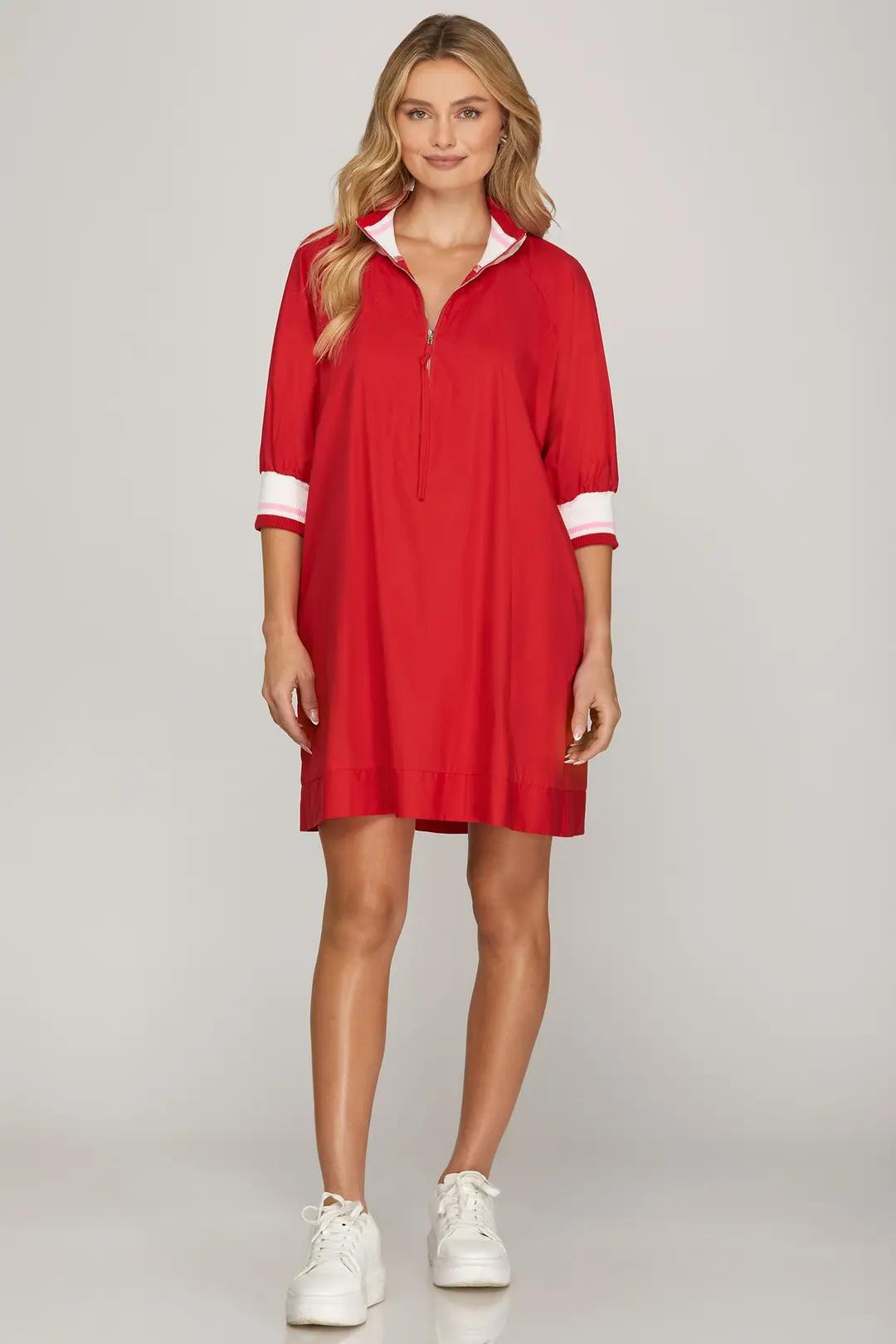 Red Half Sleeve Half Zip Dress