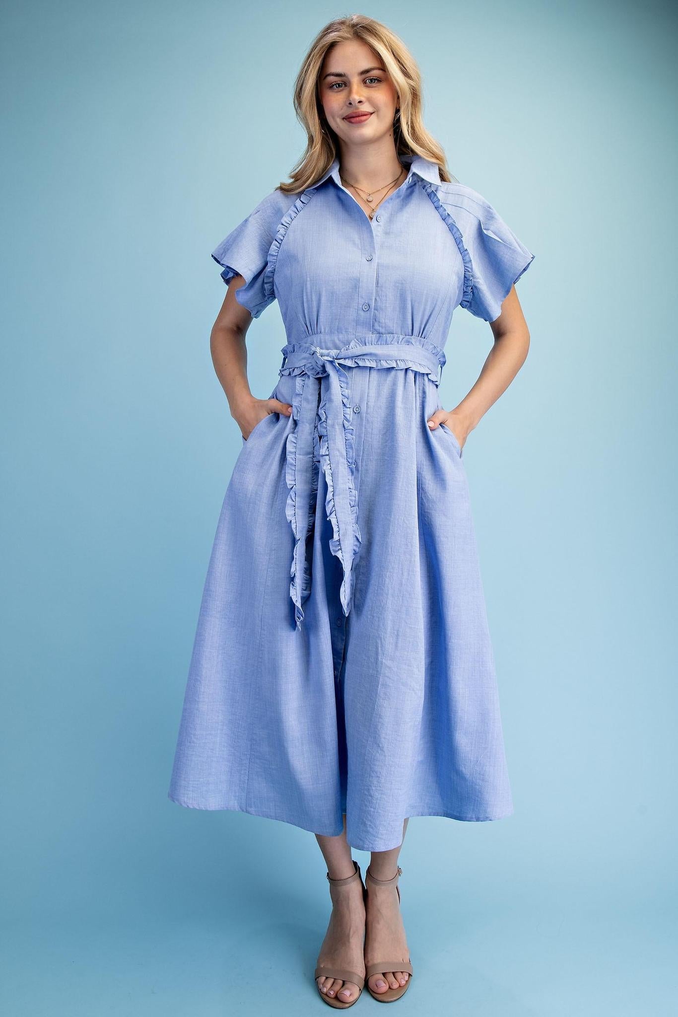 Light Blue Ruffled Detail Midi Dress
