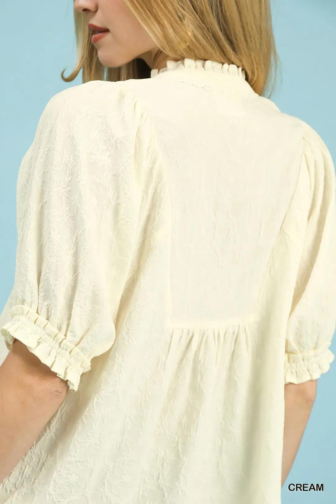 Cream Textured and Smocked Peasant Top