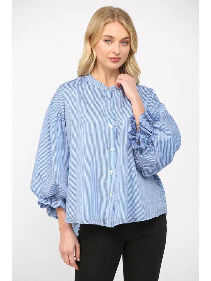 Blue Pinstripe Bubble Sleeve Blouse