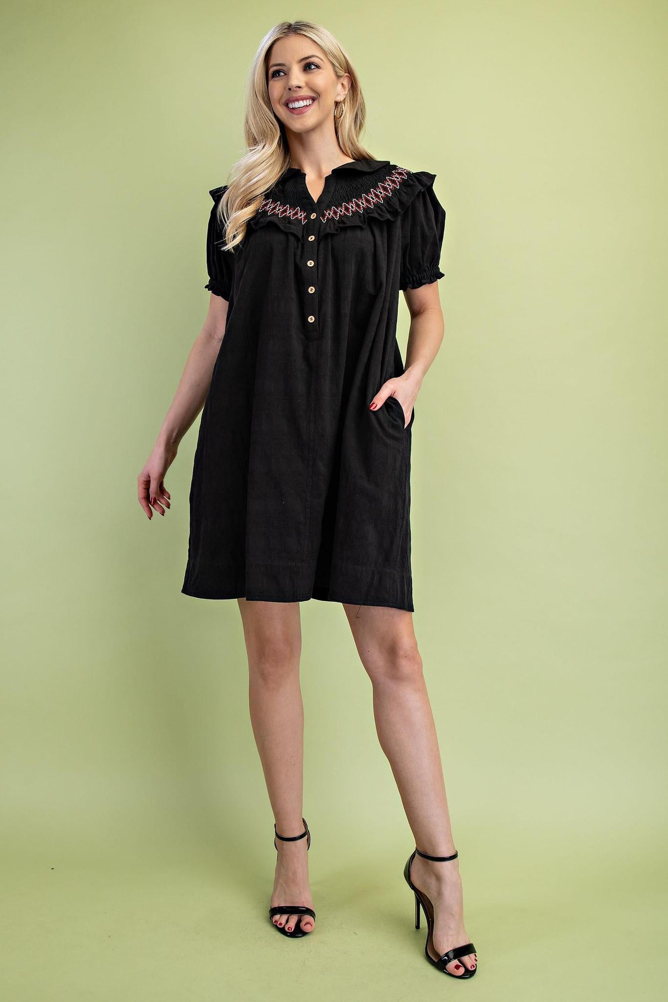 Black Embroidered Peter Pan Collared Dress