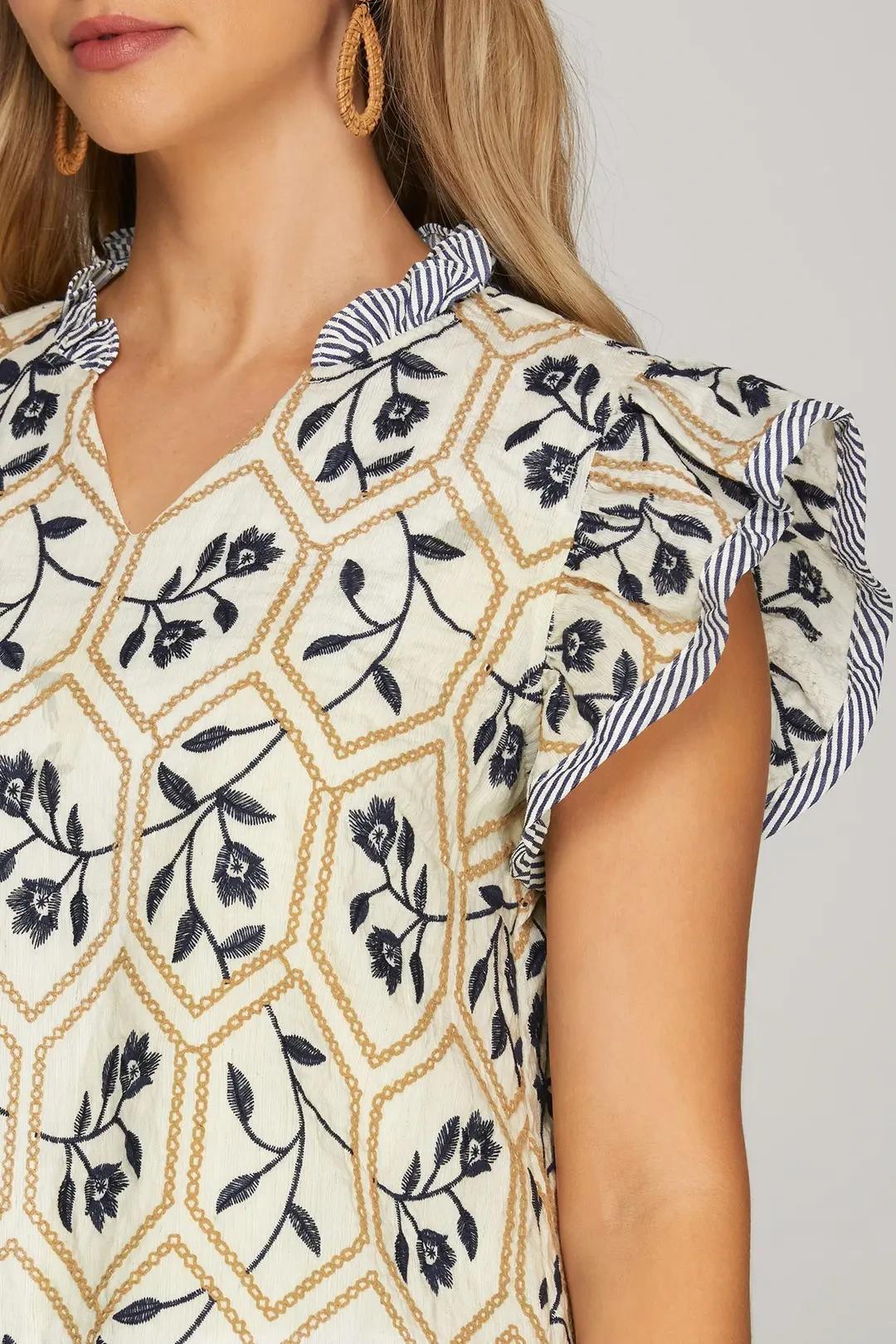 Navy and Muted Gold Embroidered Top
