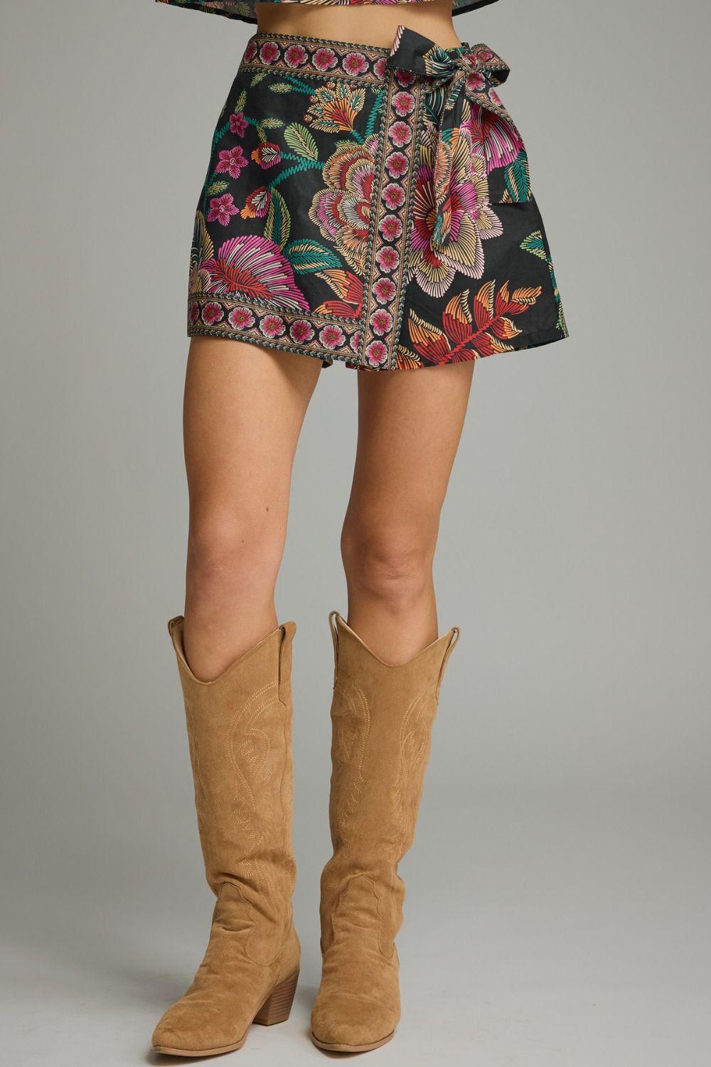 Black Botanical Print Wrap Front Skort