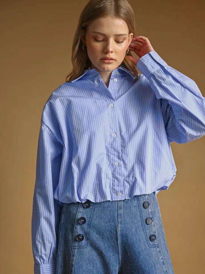 Blue and White Striped Balloon Hem Shirt