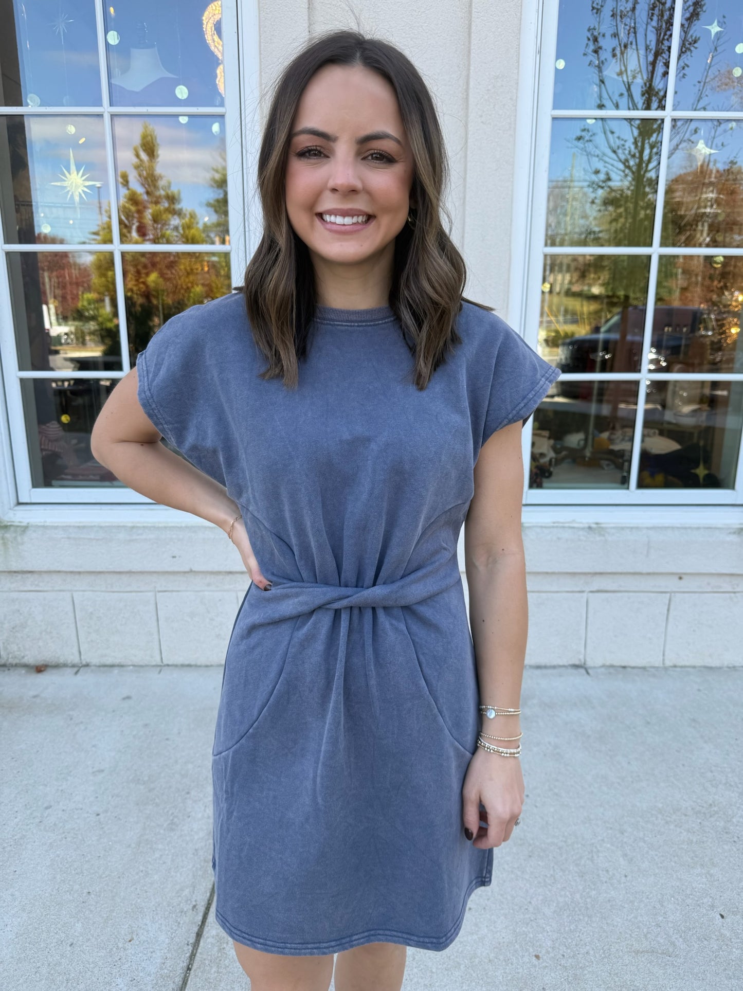 Washed Denim Twisted Waist Terry Dress