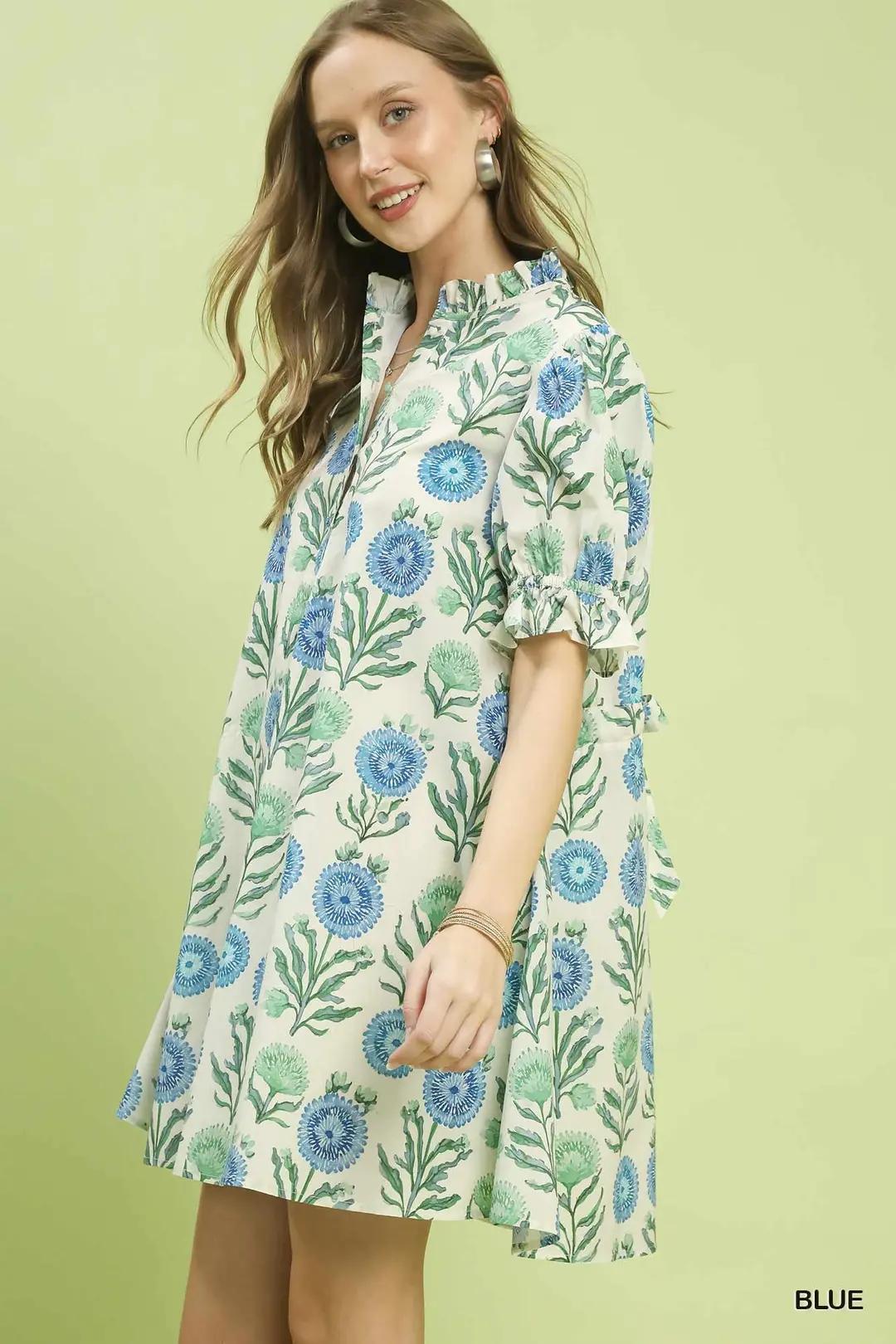 Blue Floral Puff Sleeve Babydoll Dress
