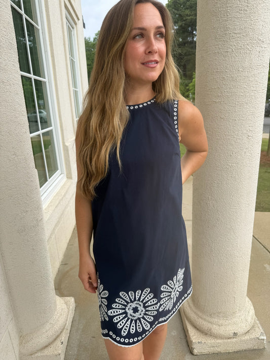 Navy Floral Embroidered Mini Dress