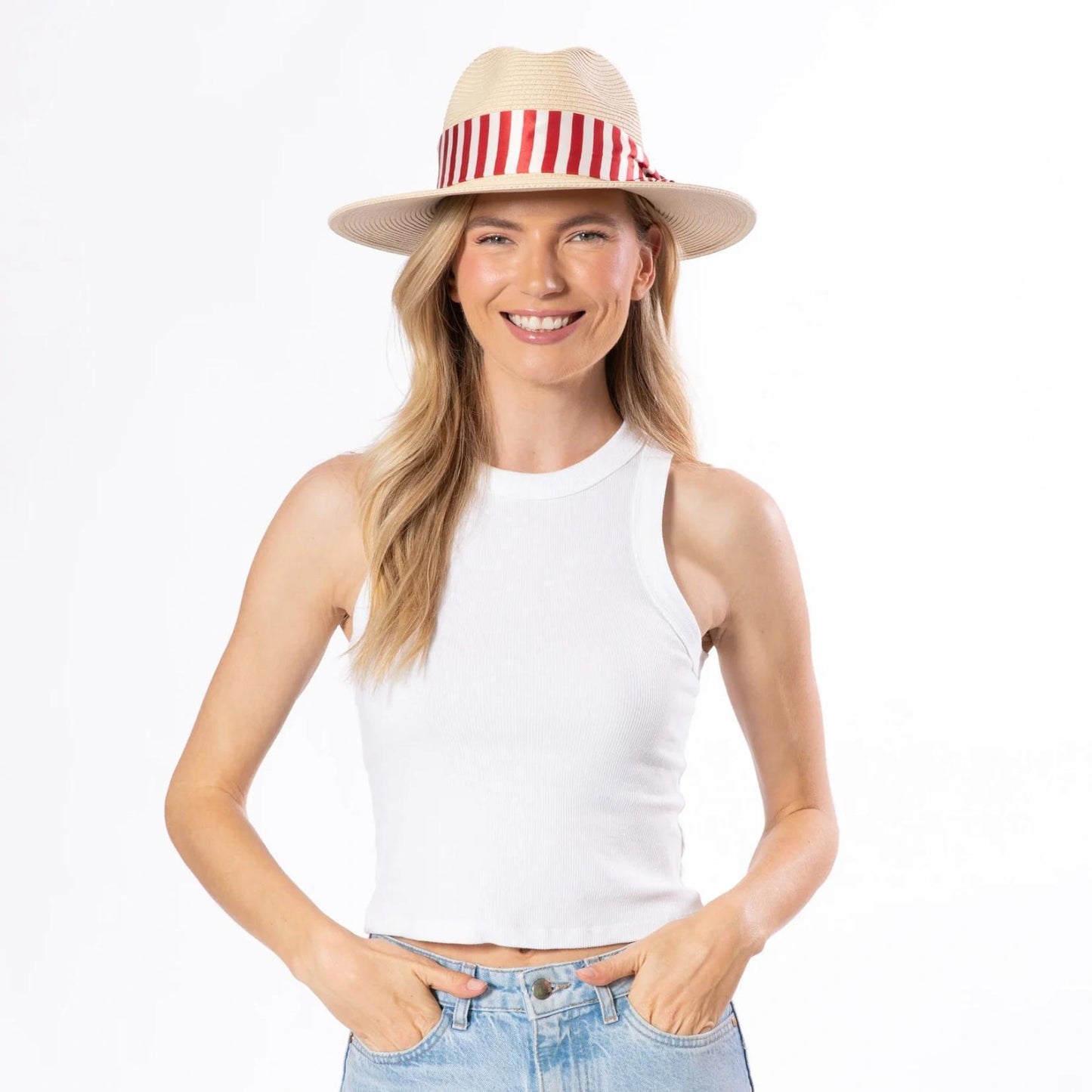 Gidget Fedora with Red Striped Scarf