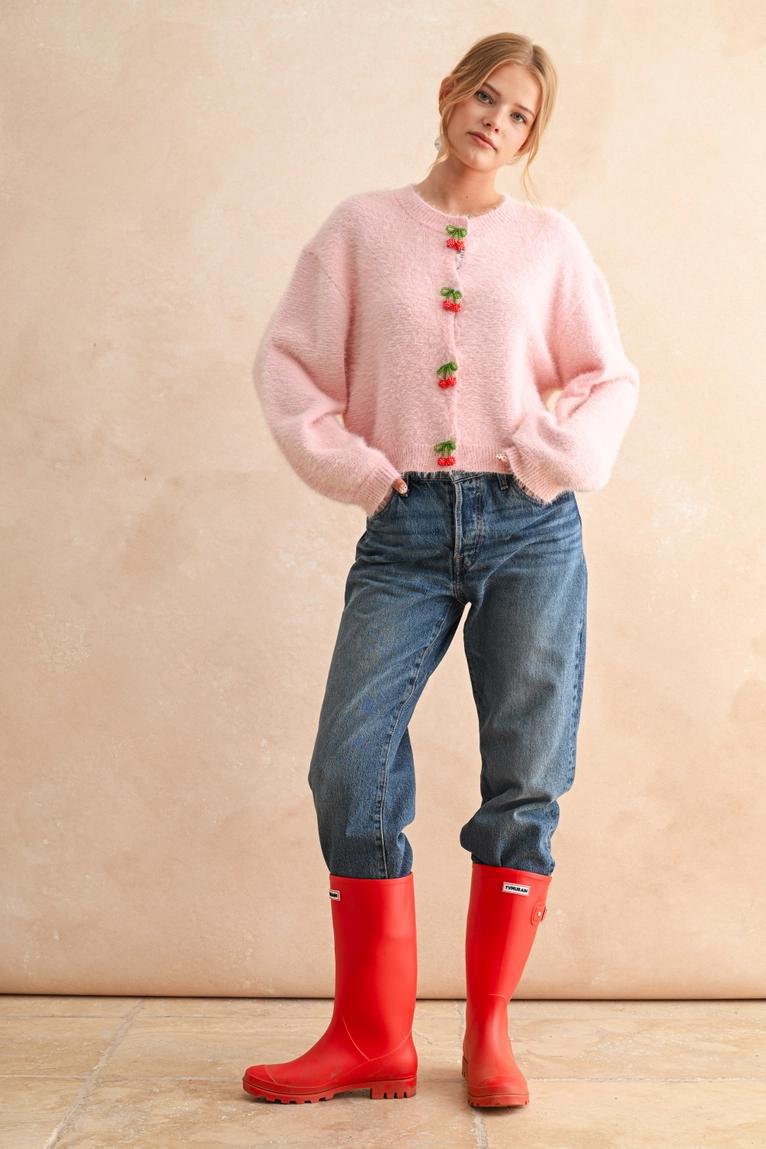 Pink Cherry Button Soft Cardigan