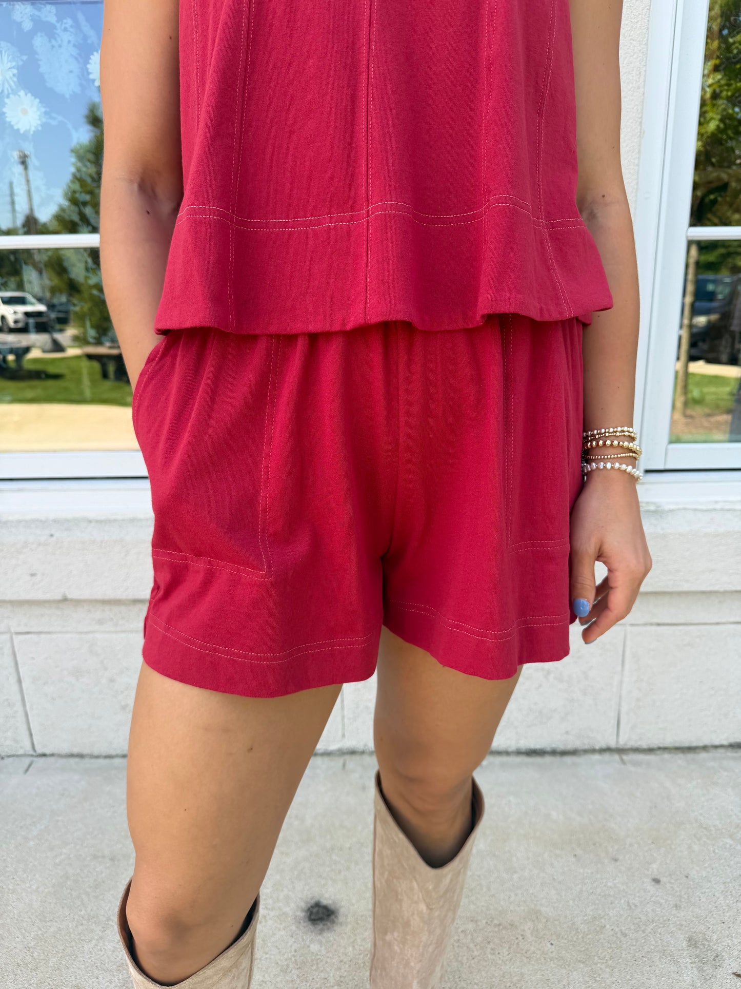 Crimson Relaxed Short with Contrast Stitching