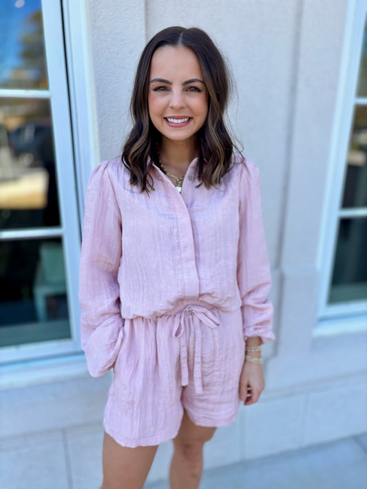 Pink Solid Textured Woven Short Set