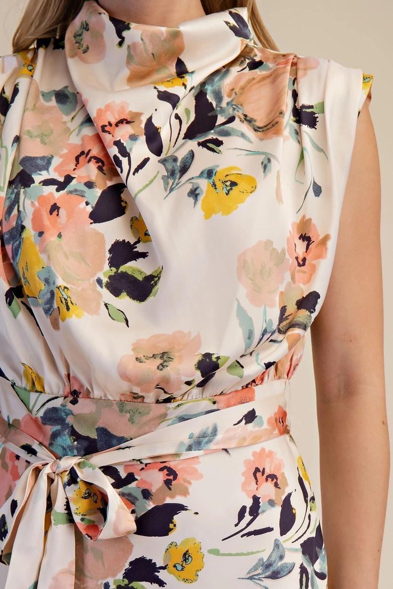 Ivory Floral Cowl Neck Midi