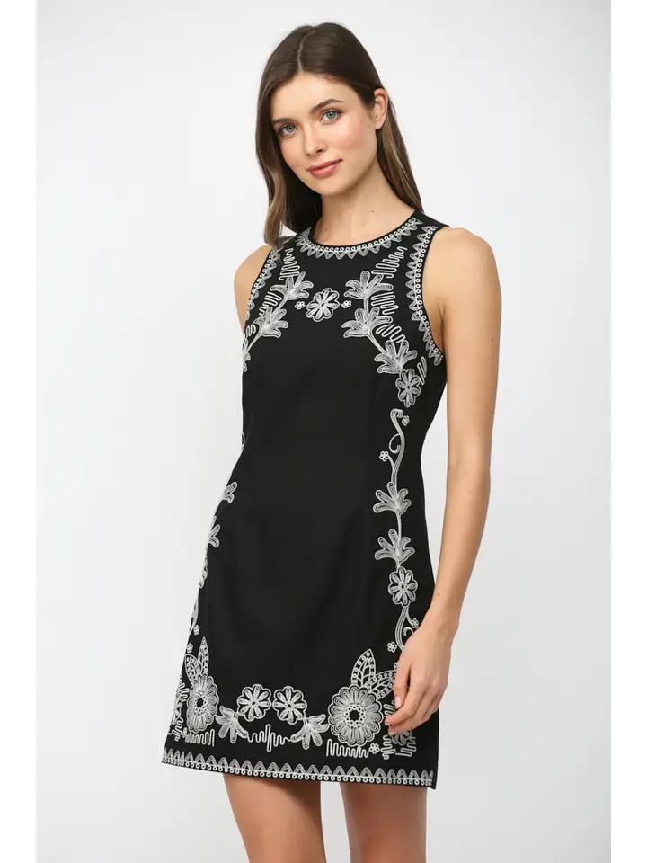 Black Embroidered Linen Dress