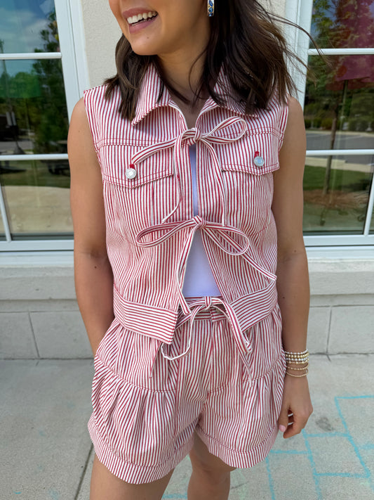 Red Railroad Stripe Front Tie Vest