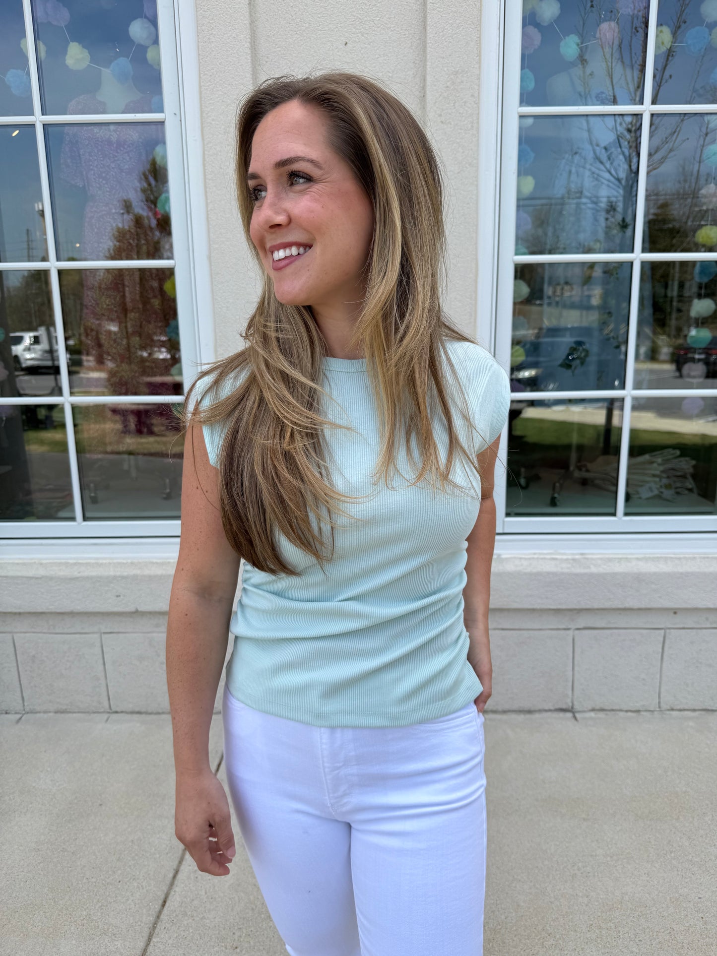 Lt. Mint Terry Rib Ruched Muscle Top