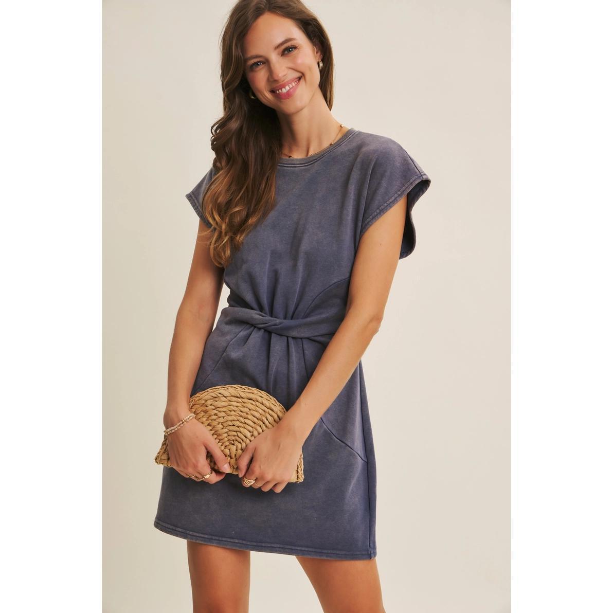 Washed Denim Twisted Waist Terry Dress