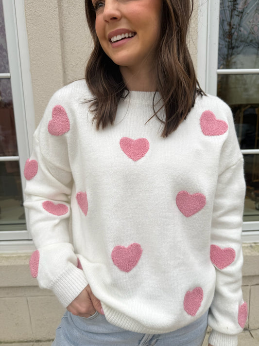 Cream with Pink Hearts Sweater