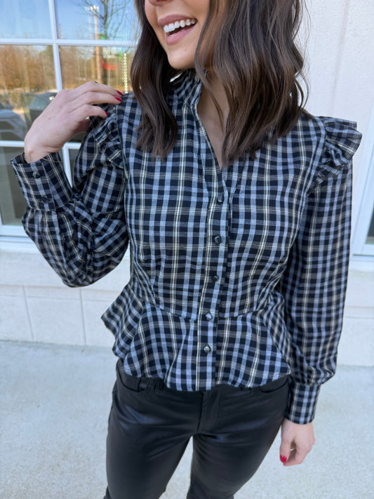 Black Plaid Peplum Top