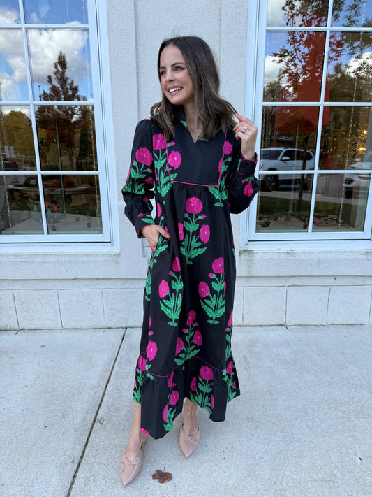 Black Floral Midi with Ruffle Hem