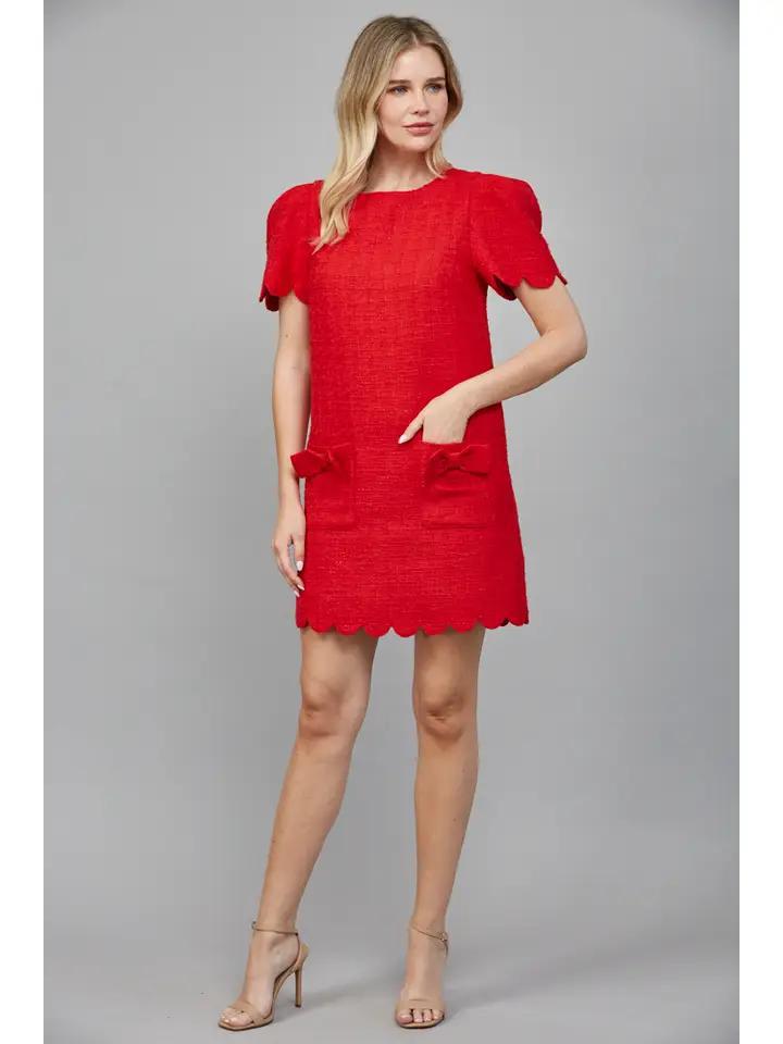 Red Scallop Edged Tweed Dress