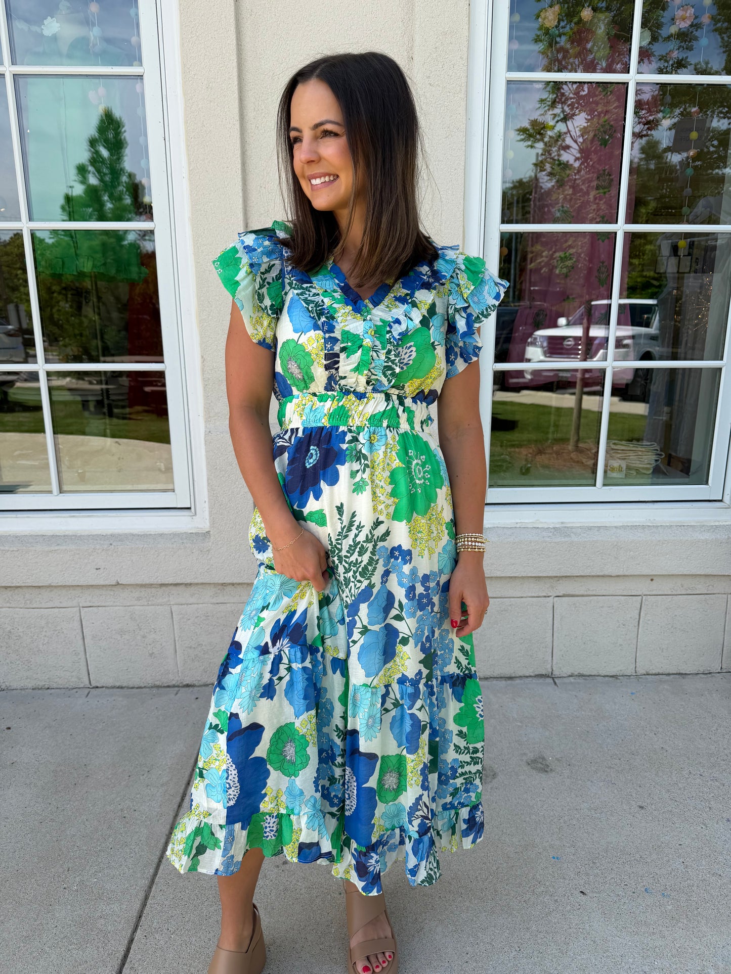 Blue and Green Flutter Sleeve Tiered Dress