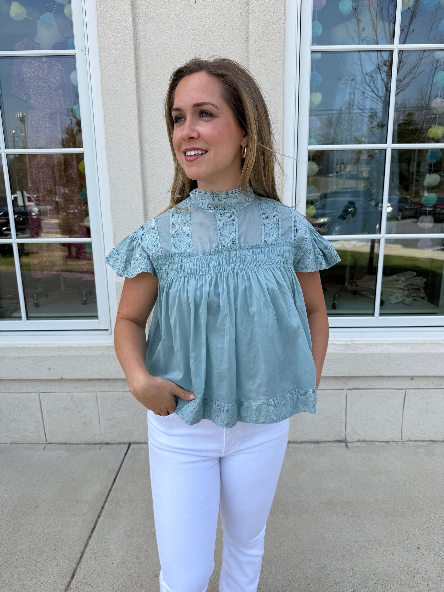 Dusty Seafoam Lace Inset Top