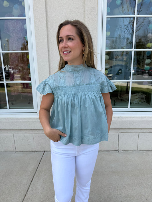 Dusty Seafoam Lace Inset Top