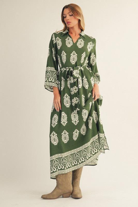 Olive Damask Border Print Midi